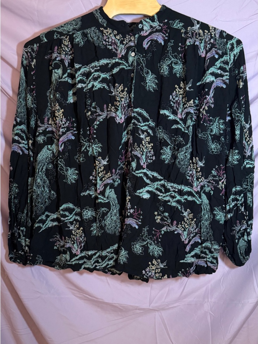 Free People Black Floral Tunic Top with Mint and Lavender Print